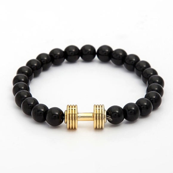 Bead Bracelet Black Stone Gold Dumbell Charm - Picture 1 of 1